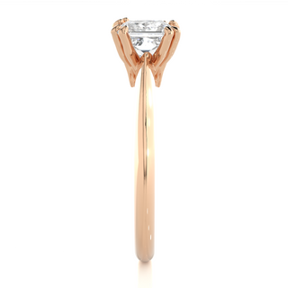 Side profile of 1.50 Carat Princess Cut Moissanite Solitaire Ring In Rose Gold, highlighting the prong setting.
