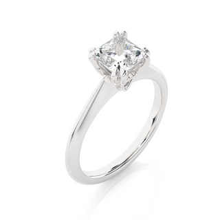 Angled view of 1.50 Carat Princess Cut Moissanite Solitaire Ring In Silver, showcasing the band and setting.​