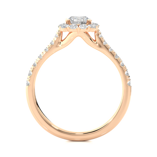 Side profile of 1.50 Carat Round Moissanite Halo Engagement Ring In Rose Gold, highlighting the brilliant center moissanite stone., highlighting the prong setting.