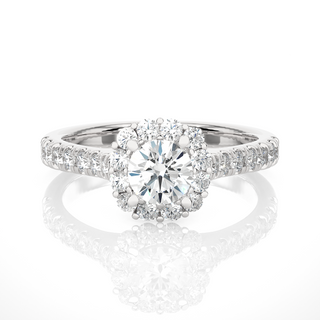 Front view of 1.50 Carat Round Moissanite Halo Engagement Ring In White Gold, highlighting the brilliant center Moissanite stone.