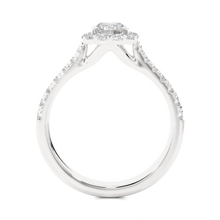 Side profile of 1.50 Carat Round Moissanite Halo Engagement Ring In White Gold, highlighting the brilliant center moissanite stone., highlighting the prong setting.