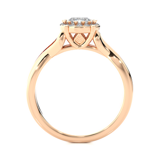 Side profile of 1.50 Carat Round Moissanite Halo Twisted Ring In Rose Gold, highlighting the brilliant center moissanite stone., highlighting the prong setting.