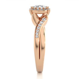 Side profile of 1.50 Carat Round Moissanite Halo Twisted Ring In Rose Gold, highlighting the brilliant center moissanite stone., highlighting the prong setting.