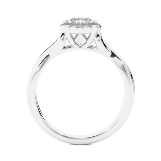 Side profile of 1.50 Carat Round Moissanite Halo Twisted Ring In Silver, highlighting the brilliant center moissanite stone., highlighting the prong setting.