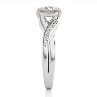 Side profile of 1.50 Carat Round Moissanite Halo Twisted Ring In Silver, highlighting the brilliant center moissanite stone., highlighting the prong setting.