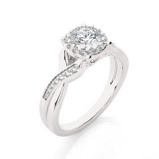 Angled view of 1.50 Carat Round Moissanite Halo Twisted Ring In White Gold, showcasing the band and setting.​