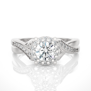 Front view of 1.50 Carat Round Moissanite Halo Twisted Ring In White Gold, highlighting the brilliant center Moissanite stone.