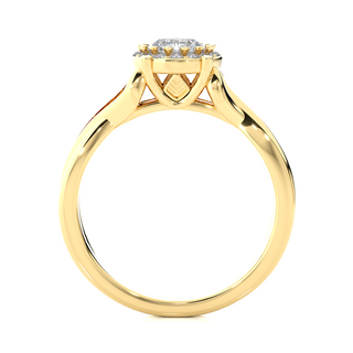 Side profile of 1.50 Carat Round Moissanite Halo Twisted Ring In Yellow Gold, highlighting the brilliant center moissanite stone., highlighting the prong setting.