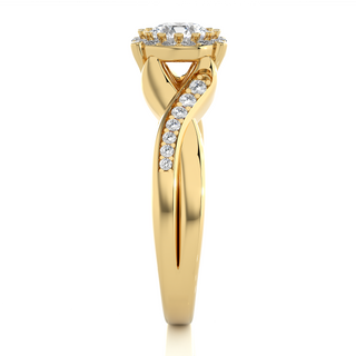 Side profile of 1.50 Carat Round Moissanite Halo Twisted Ring In Yellow Gold, highlighting the brilliant center moissanite stone., highlighting the prong setting.