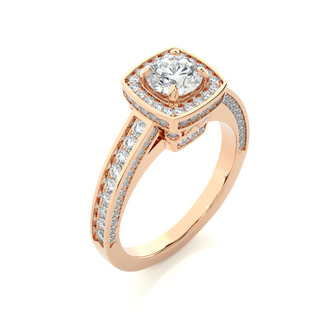 Angled view of 1.50 Carat Round Moissanite Hidden Halo Engagement Ring In Rose Gold, showcasing the band and setting.​