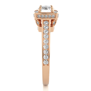 Side profile of 1.50 Carat Round Moissanite Hidden Halo Engagement Ring In Rose Gold, highlighting the brilliant center moissanite stone., highlighting the prong setting.