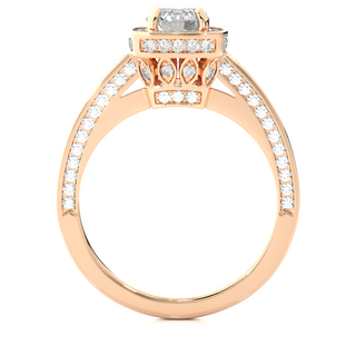 Side profile of 1.50 Carat Round Moissanite Hidden Halo Engagement Ring In Rose Gold, highlighting the brilliant center moissanite stone., highlighting the prong setting.