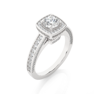 Angled view of 1.50 Carat Round Moissanite Hidden Halo Engagement Ring In Silver, showcasing the band and setting.​