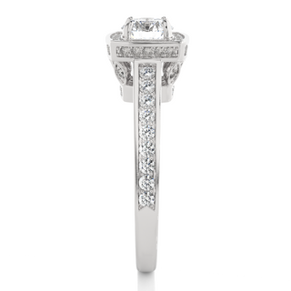 Side profile of 1.50 Carat Round Moissanite Hidden Halo Engagement Ring In Silver, highlighting the brilliant center moissanite stone., highlighting the prong setting.