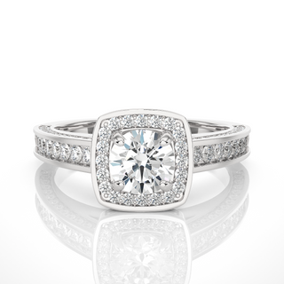 Front view of 1.50 Carat Round Moissanite Hidden Halo Engagement Ring In White Gold, highlighting the brilliant center Moissanite stone.