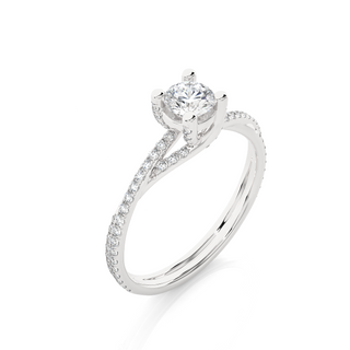Angled view of 1.50 Carat Round Moissanite Twisted Solitaire Ring In Rose Gold, showcasing the band and setting.​