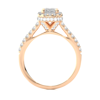 Side profile of 1.50 Ct Emerald Cut Moissanite Halo Engagement Ring In Rose Gold, highlighting the prong setting.