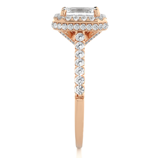 Side profile of 1.50 Ct Emerald Cut Moissanite Halo Engagement Ring In Rose Gold, highlighting the prong setting.