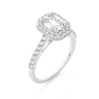 Angled view of 1.50 Ct Emerald Cut Moissanite Halo Engagement Ring In Silver, showcasing the band and setting.​
