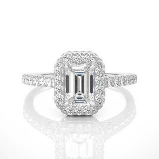 Front view of 1.50 Ct Emerald Cut Moissanite Halo Engagement Ring In Silver, highlighting the brilliant center Moissanite stone.