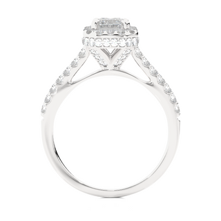 Side profile of 1.50 Ct Emerald Cut Moissanite Halo Engagement Ring In Silver, highlighting the prong setting.