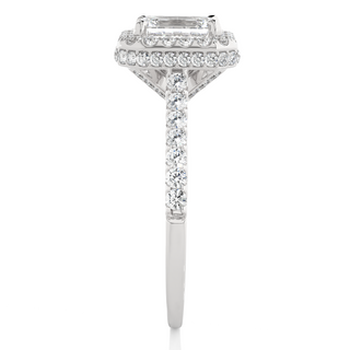 Side profile of 1.50 Ct Emerald Cut Moissanite Halo Engagement Ring In Silver, highlighting the prong setting.