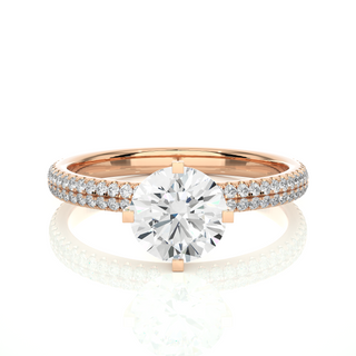 Front view of 1.50 Ct Moissanite Engagement Ring With Accents In Rose Gold, highlighting the brilliant center Moissanite stone.