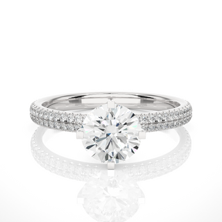 Front view of the 1.50 Ct Moissanite Engagement Ring with Accents in Silver highlights the brilliant center of the Moissanite stone.