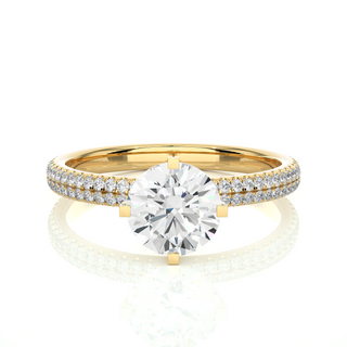 Front view of 1.50 Ct Moissanite Engagement Ring With Accents In Yellow Gold, highlighting the brilliant center Moissanite stone.
