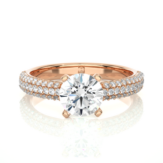 Front view of 1.50 Ct Moissanite Engagement Ring With Three Row Accents In Rose Gold, highlighting the brilliant center moissanite stone.