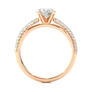 Side profile of 1.50 Ct Moissanite Engagement Ring With Three Row Accents In Rose Gold, highlighting the prong setting.