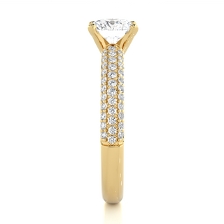 Side profile of 1.50 Ct Moissanite Engagement Ring With Three Row Accents In Yellow Gold, highlighting the prong setting.