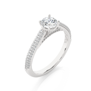 Angled view of 1.50 Ct Moissanite Three Row Engagement Ring with Accent In White Gold, showcasing the band and setting.​