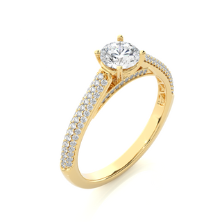 Angled view of 1.50 Ct Moissanite Three Row Engagement Ring with Accent In Yellow Gold, showcasing the band and setting.​
