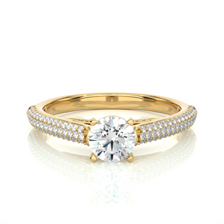 Front view of 1.50 Ct Moissanite Three Row Engagement Ring with Accent In Yellow Gold, highlighting the brilliant center moissanite stone.