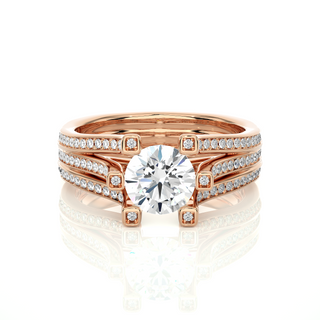 Front view of 1.50 Ct Moissanite Three Row Split Shank Engagement Ring In Rose Gold, highlighting the brilliant center moissanite stone.