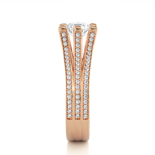 Side profile of 1.50 Ct Moissanite Three Row Split Shank Engagement Ring In Rose Gold, highlighting the prong setting.