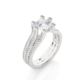 Angled view of 1.50 Ct Moissanite Three Row Split Shank Engagement Ring In Silver, showcasing the band and setting.​