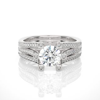 Front view of 1.50 Ct Moissanite Three Row Split Shank Engagement Ring In Silver, highlighting the brilliant center moissanite stone.