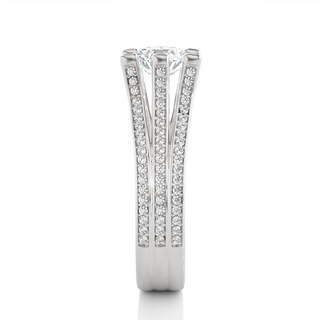 Side profile of 1.50 Ct Moissanite Three Row Split Shank Engagement Ring In Silver, highlighting the prong setting.