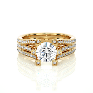 Front view of 1.50 Ct Moissanite Three Row Split Shank Engagement Ring In Yellow Gold, highlighting the brilliant center moissanite stone.