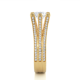 Side profile of 1.50 Ct Moissanite Three Row Split Shank Engagement Ring In Yellow Gold, highlighting the prong setting.