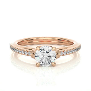 Front view of 1.50 Ct Round Cut Moissanite French V-Split Engagement Ring In Rose Gold, highlighting the brilliant center moissanite stone.