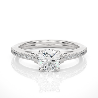 Front view of 1.50 Ct Round Cut Moissanite French V-Split Engagement Ring In White Gold, highlighting the brilliant center moissanite stone.