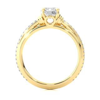 Side profile of Front view of 1.50 Ct Round Cut Moissanite French V-Split Engagement Ring In Yellow Gold, highlighting the brilliant center moissanite stone., highlighting the prong setting.