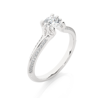 Angled view of 1.50 Ct Round Cut Moissanite Two Row Accent Engagement Ring In Silver, showcasing the band and setting.​