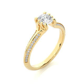 Angled view of 1.50 Ct Round Cut Moissanite Two Row Accent Engagement Ring In Yellow Gold, showcasing the band and setting.​