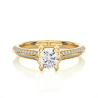 Front view of 1.50 Ct Round Cut Moissanite Two Row Accent Engagement Ring In Yellow Gold, highlighting the brilliant center moissanite stone.