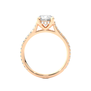 Side profile of 1.50 Ct Round Moissanite Hidden Halo Engagement Ring In Rose Gold, highlighting the brilliant center moissanite stone., highlighting the prong setting.
