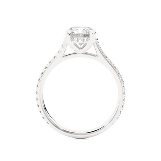 Side profile of 1.50 Ct Round Moissanite Hidden Halo Engagement Ring In White Gold, highlighting the brilliant center moissanite stone., highlighting the prong setting.